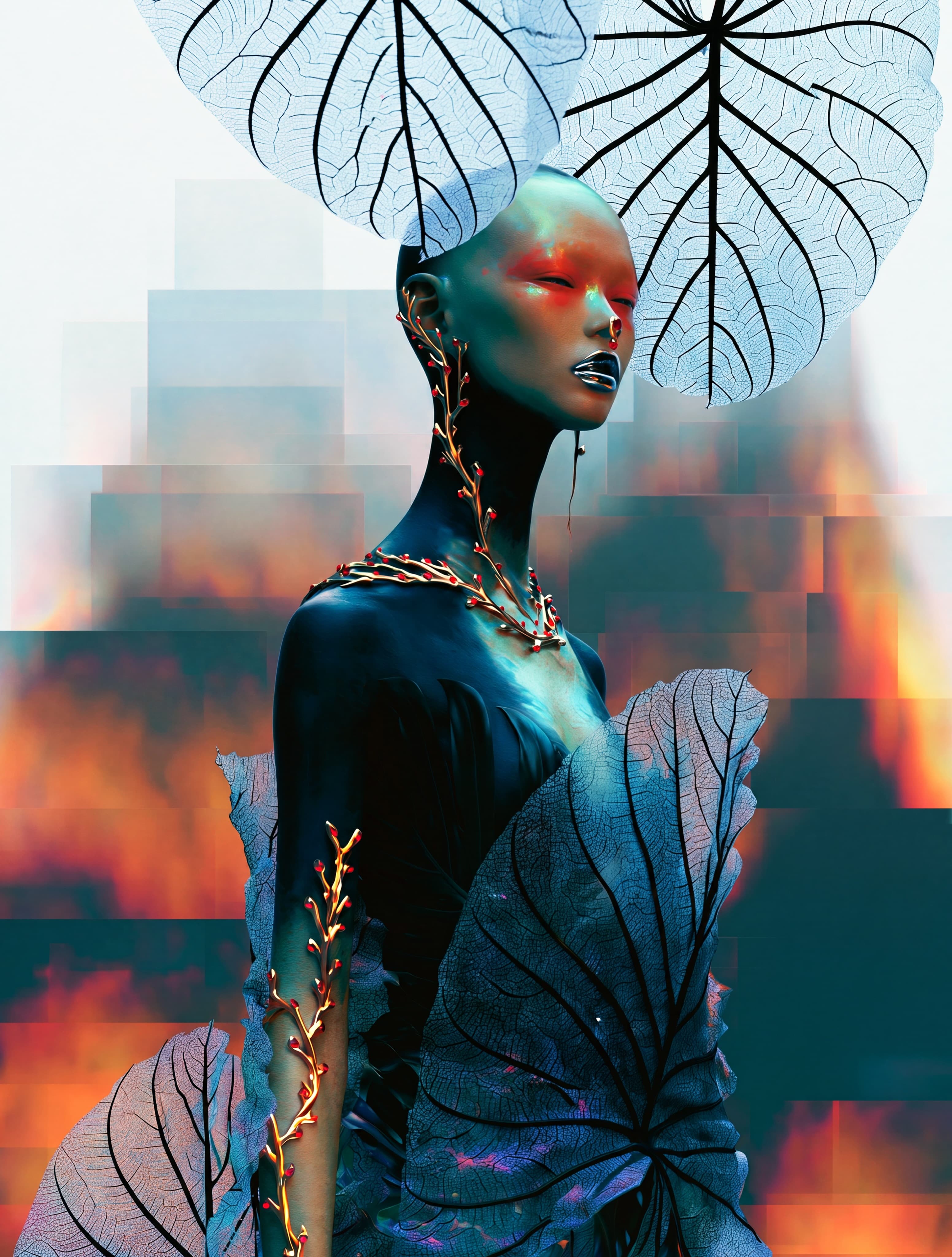 Portrait of a bald figure in dark clothing framed by translucent blue leaves and red-gold branches