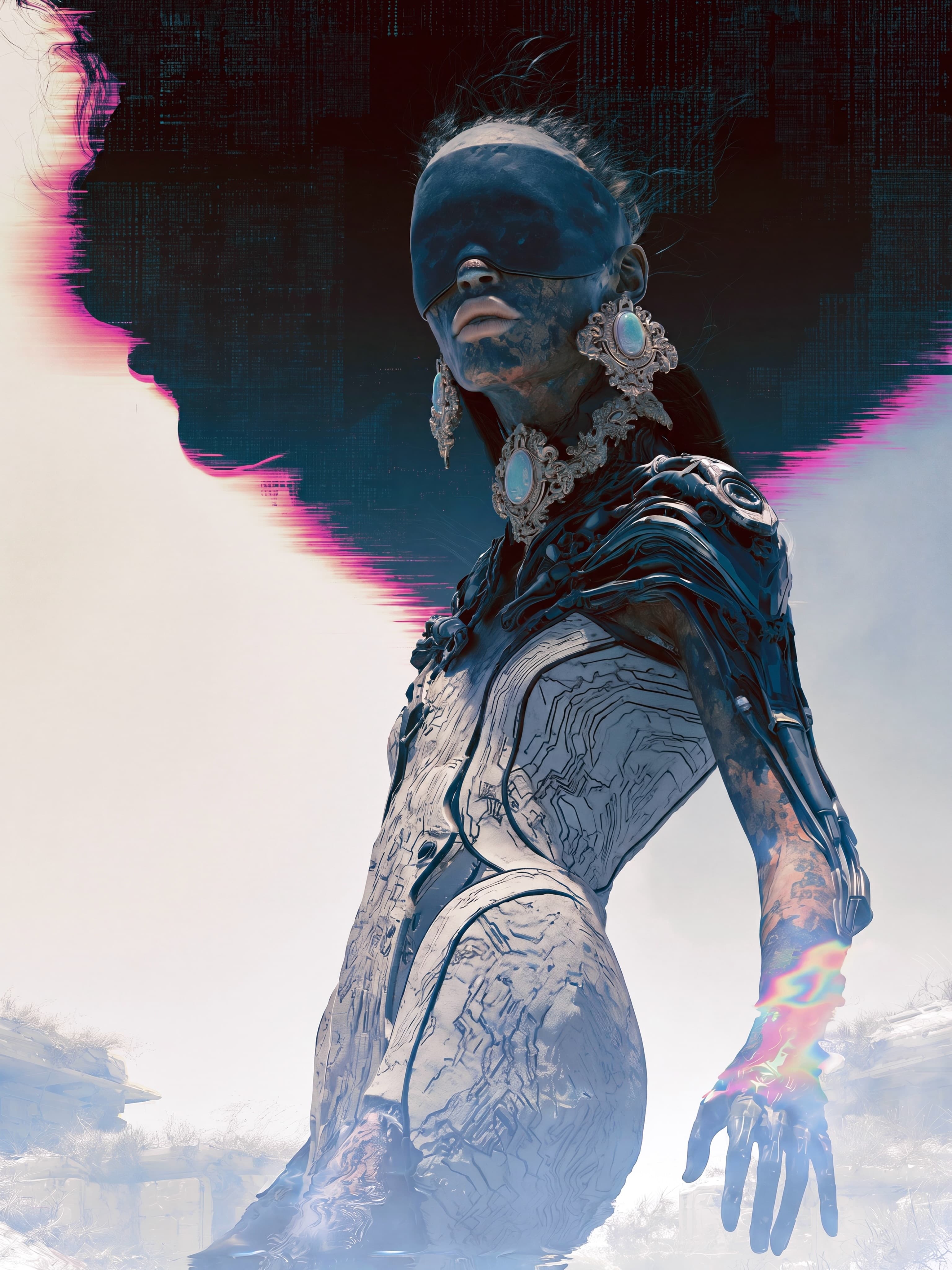 Masked figure in blue and pale armor with ornate jewelry against a dark field and magenta glitch edges