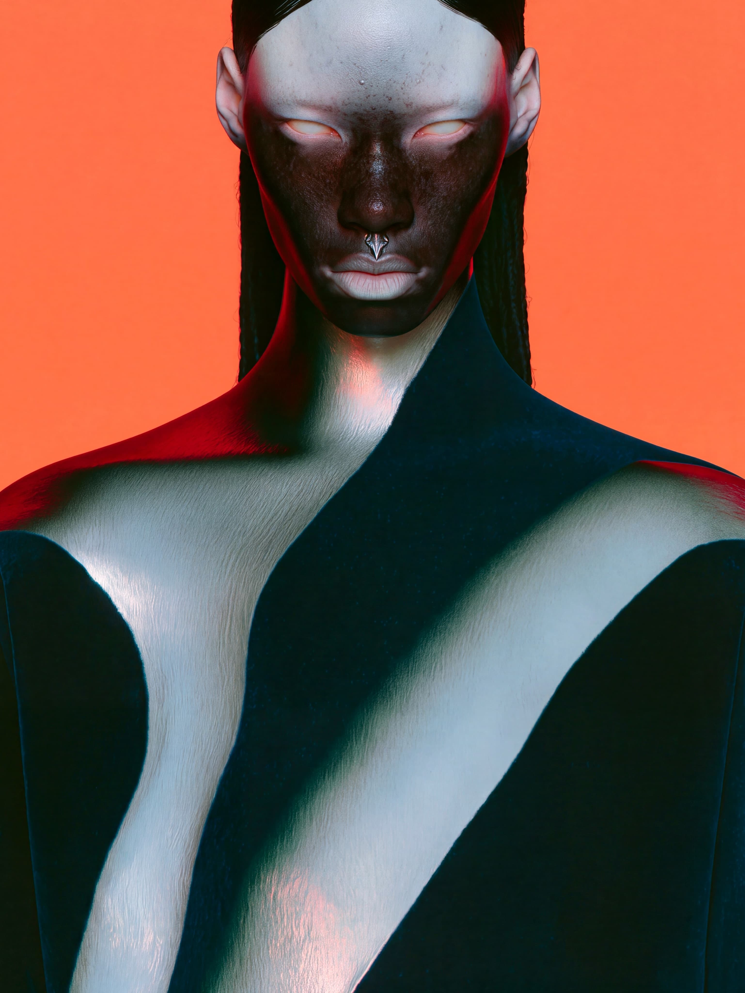Close-up of a shadowed face with glowing white eyes against a saturated orange background